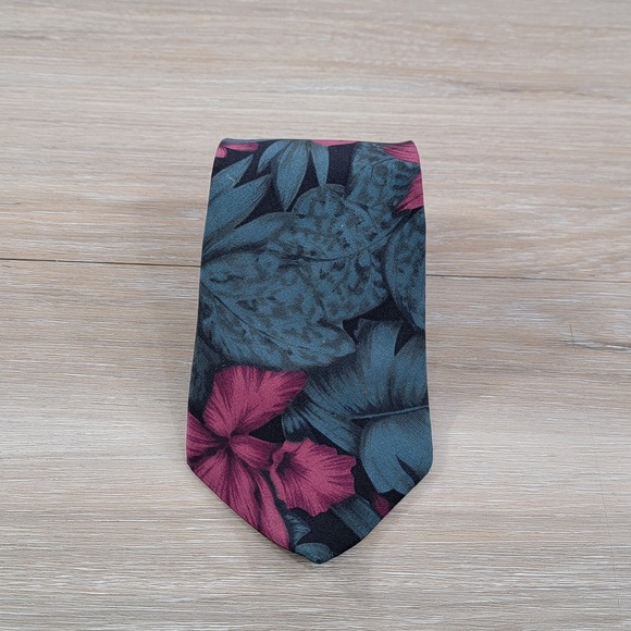 Kuppenheimer Other - Kuppenheimer Mens Silk Tie Floral Tropical Leaf Teal Burgundy Black Made in USA